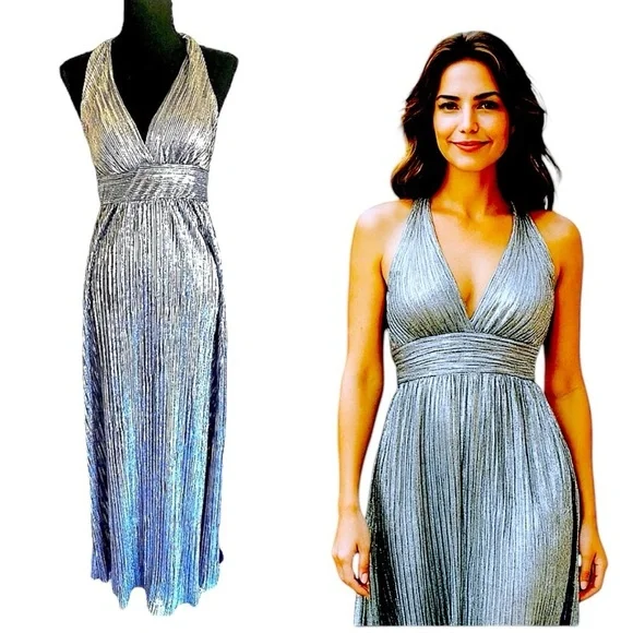 Silver Metallic Pleated Halter Top Maxi Dress Women’s Size Medium Gunmetal - Picture 1 of 11